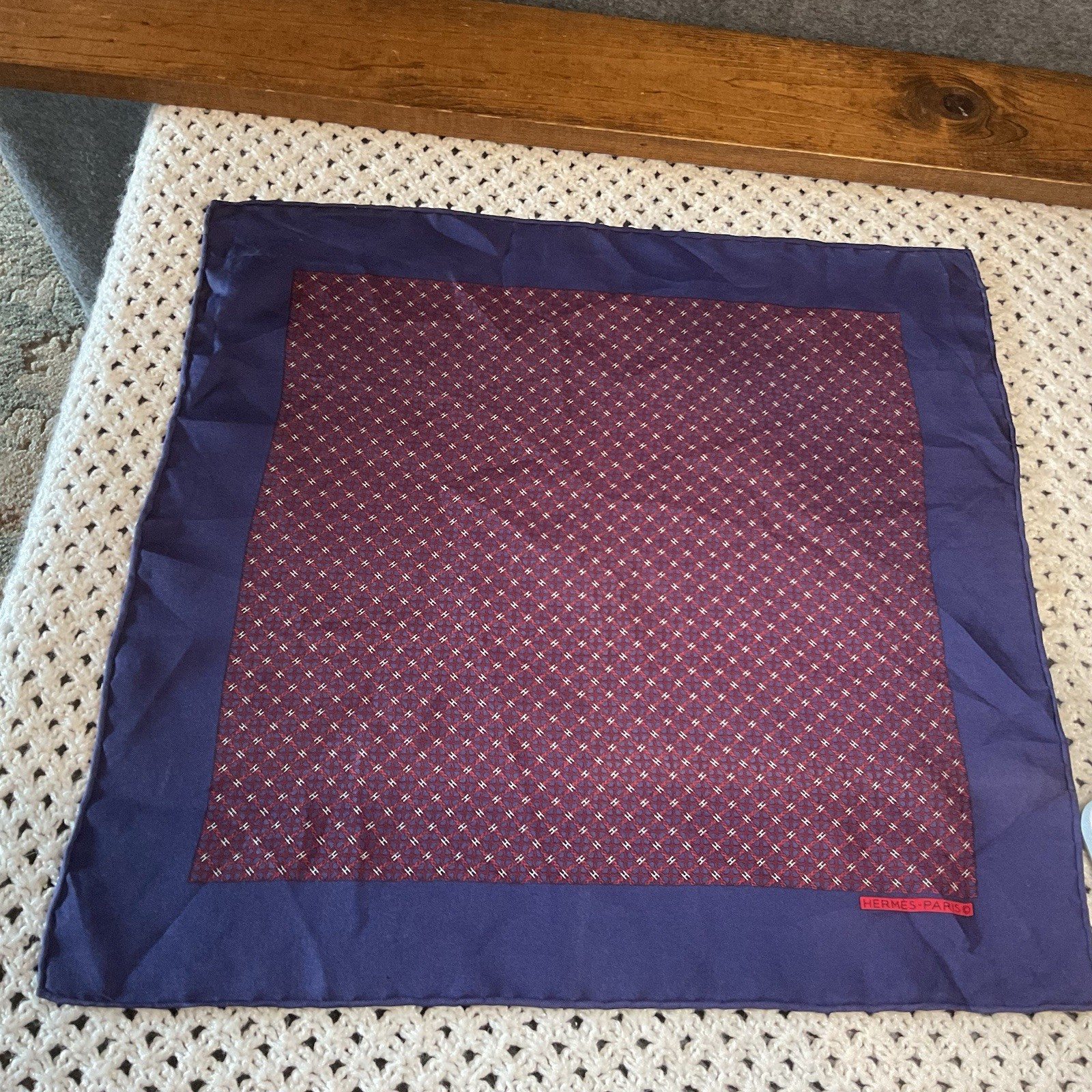 Authentic HERMES Paris Silk Pocket Square Pochette VTG Blue Red Geometric Print
