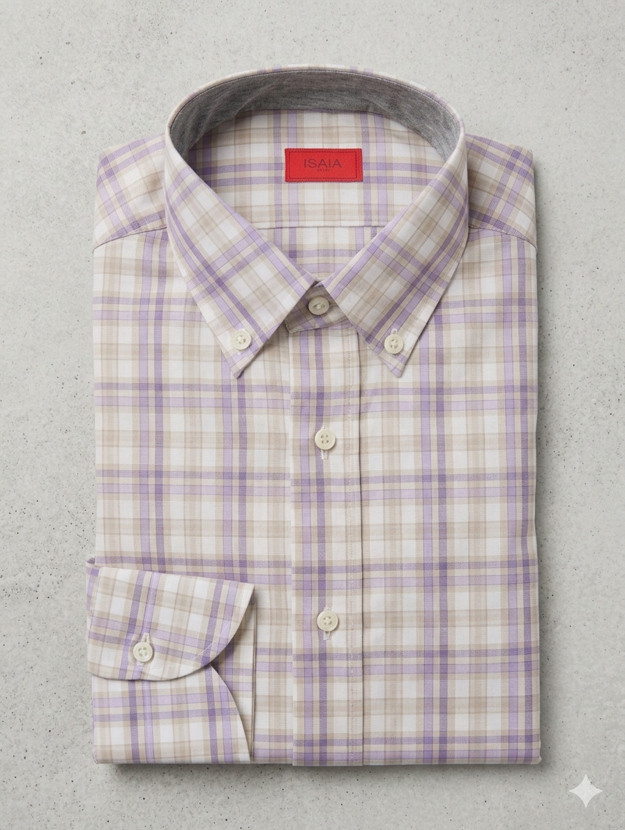 Isaia Plaid Purple Taupe Dress Shirt Cotton Point Collar Slim Fit 15 1/2 F 39