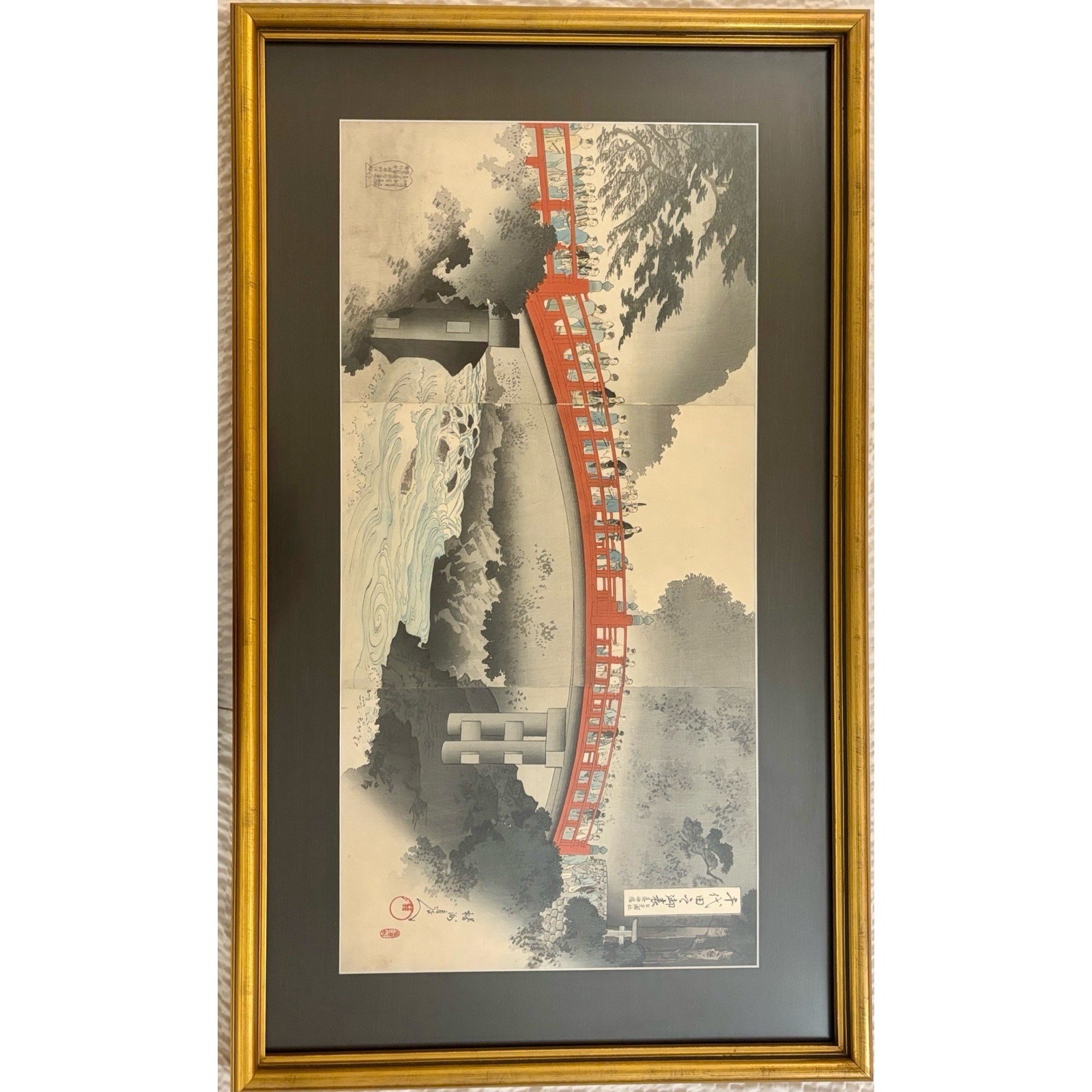 Toyohara Chikanobu Meiji Era Japanese Woodblock Print Triptych Red Bridge Scene