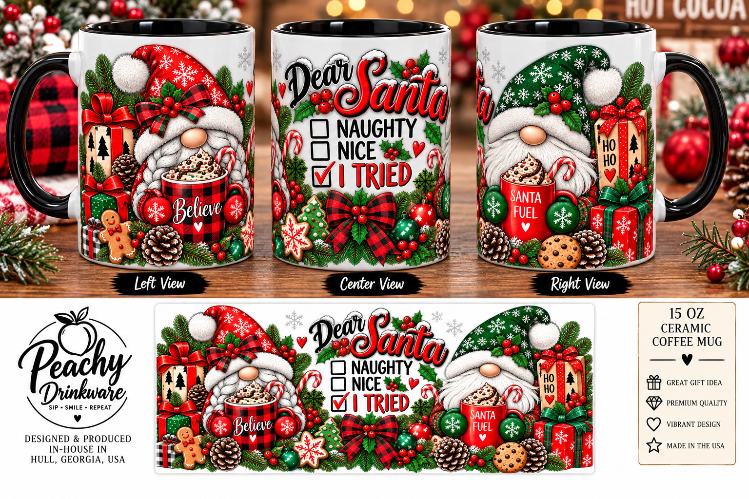 Dear Santa I Tried Coffee Mug 15 oz Funny Christmas Gnome Holiday Gift USA
