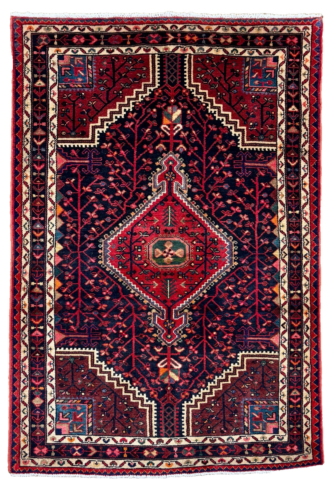 Vintage Hamedan Tribal Geometric Hand Knotted Wool 4x7 Oriental Rug Navy Area