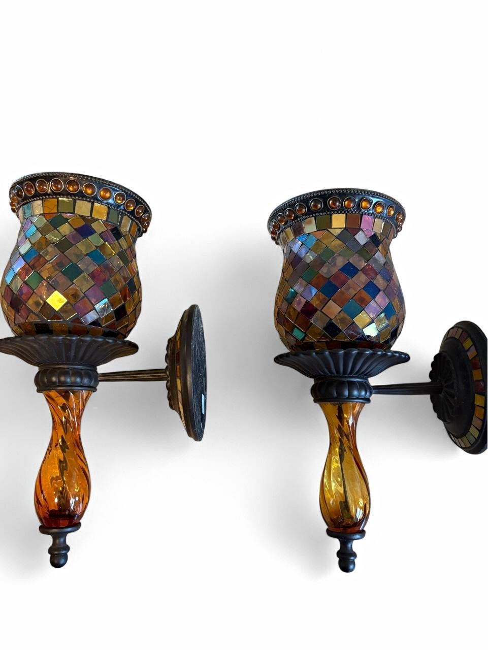 PartyLite Mosaic Glass & Metal Wall Sconce Votive Set of 2. One piece broken
