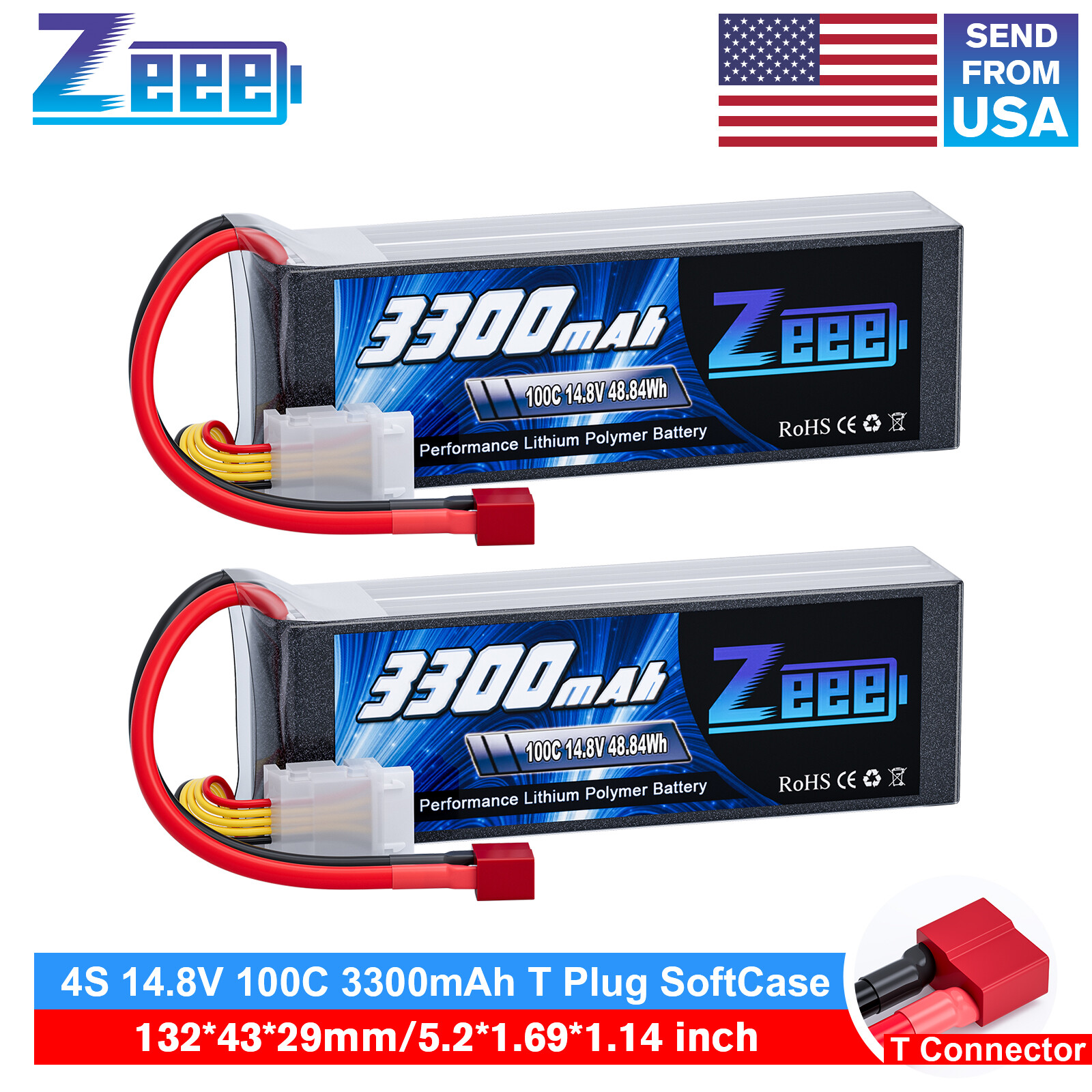2xZeee 4S Lipo Battery 3300mAh 14.8V 100C T Plug for RC Car Heli Plane UAV Drone