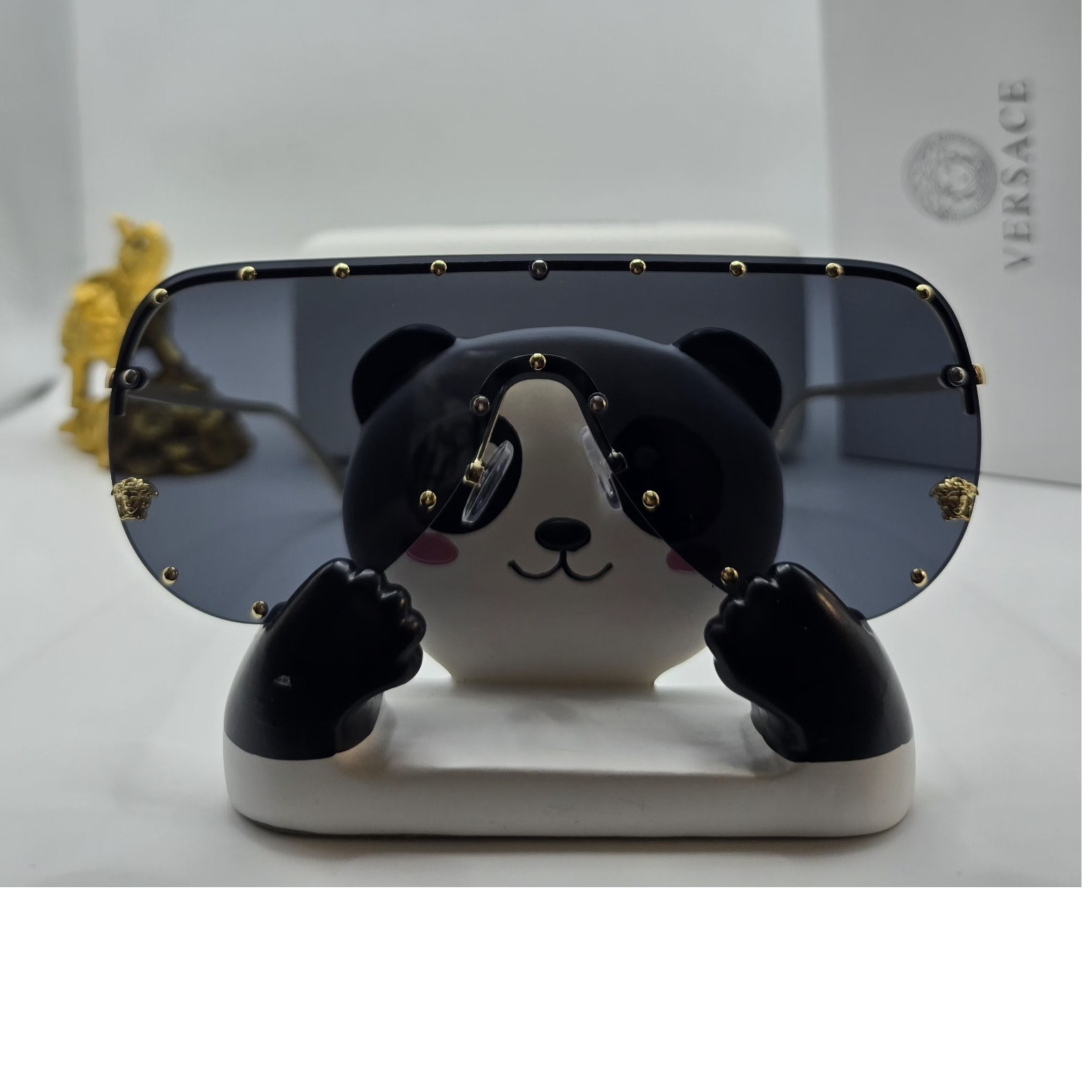 Versace Women’s Shield Sunglasses Gold Metal Frame Gray Tinted Plastic Lens Versace Women’s Shield Sunglasses Gold Metal Frame Gray Tinted Plastic Lens