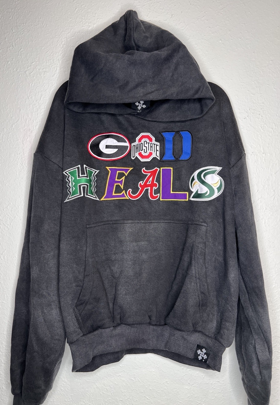 God Heals College Hoodie Men’s Large Gray Acid Wash Embroidered LARGE