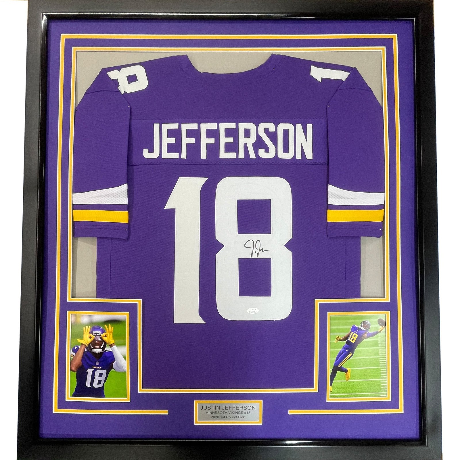 Framed Signed JUSTIN JEFFERSON 35x39 Minnesota Purple Jersey JSA COA Framed Signed JUSTIN JEFFERSON 35x39 Minnesota Purple Jersey JSA COA