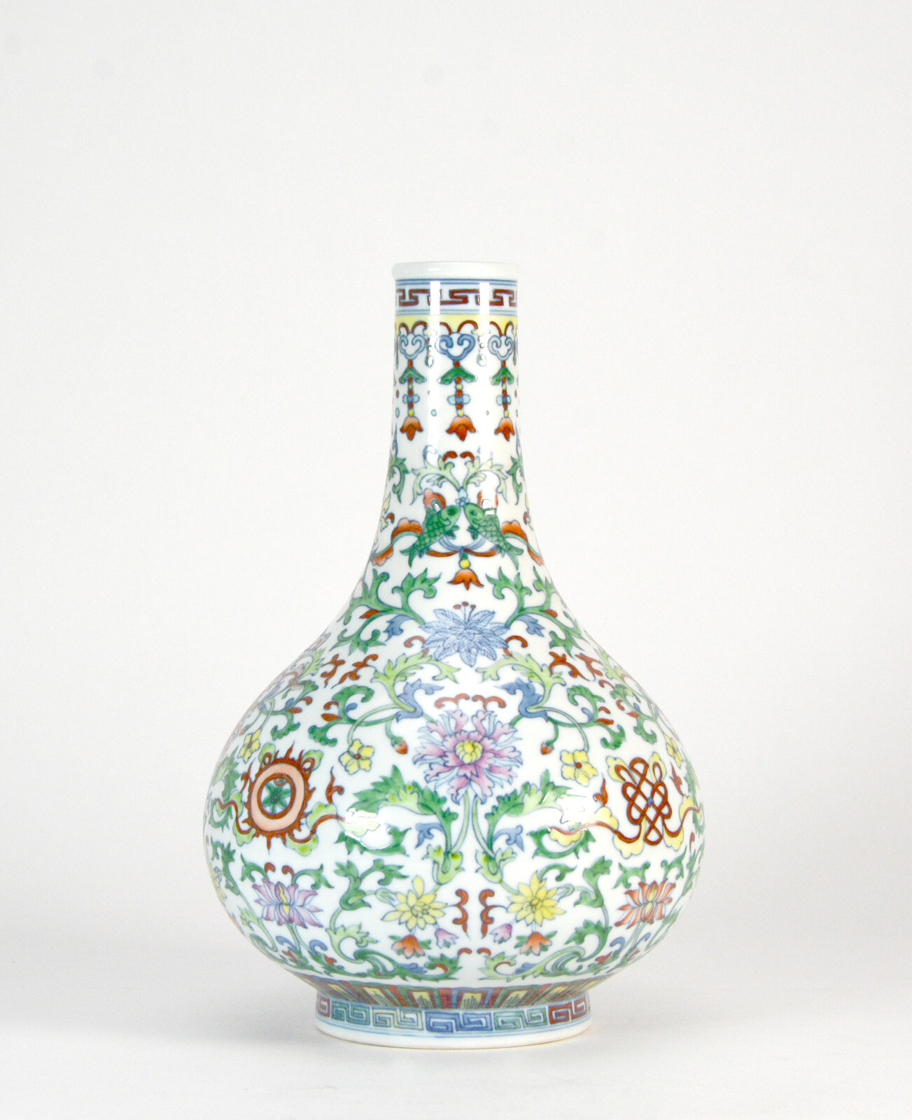 Fine Chinese Qing Qianlong MK Doucai Floral Gallbladder Form Body Porcelain Vase Fine Chinese Qing Qianlong MK Doucai Floral Gallbladder Form Body Porcelain Vase