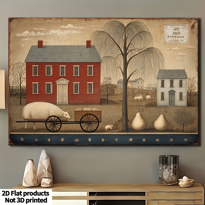 Primitive Folk Art House Sheep Stamp Canvas Wall Art Country Vintage Home Decor