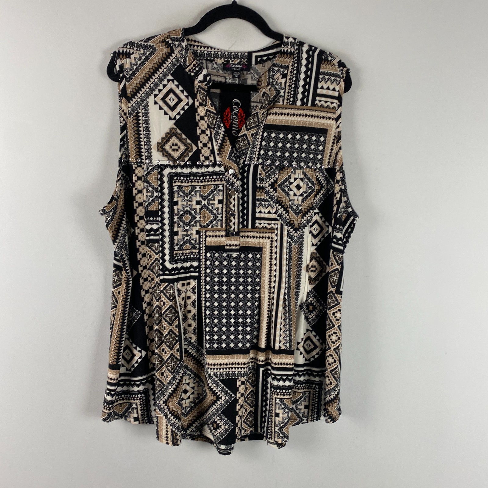 Cocomo Popover Sleeveless Blouse Size 2X Geometric Print Black Beige Brown
