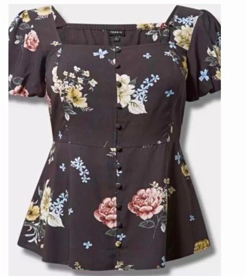 Torrid Womens Plus Size 2 Gray Floral Square Neck Peplum Puff Blouse