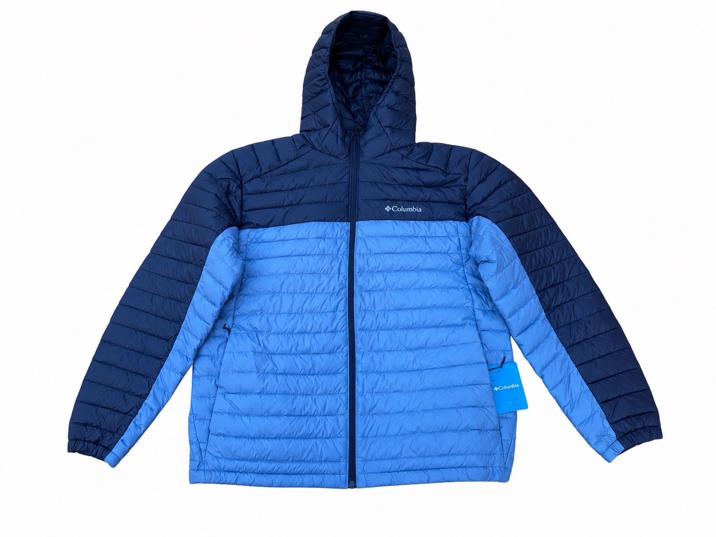Columbia hooded puffer jacket in navy and blue. Brand new with tags