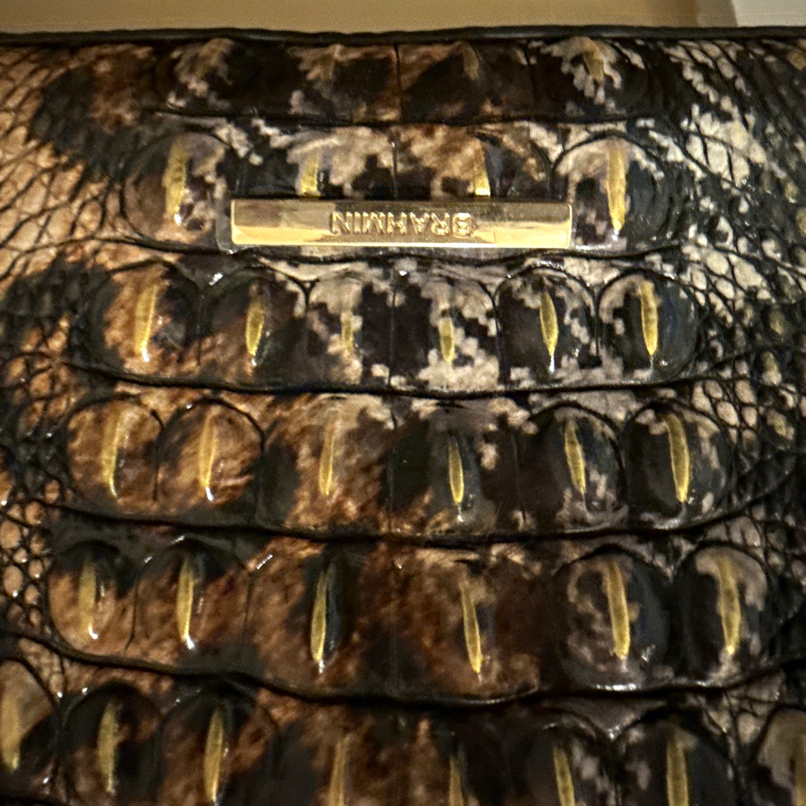 Brahmin Embossed Animal Print Crossbody Bag Zip Gold Hardware Lined Charm
