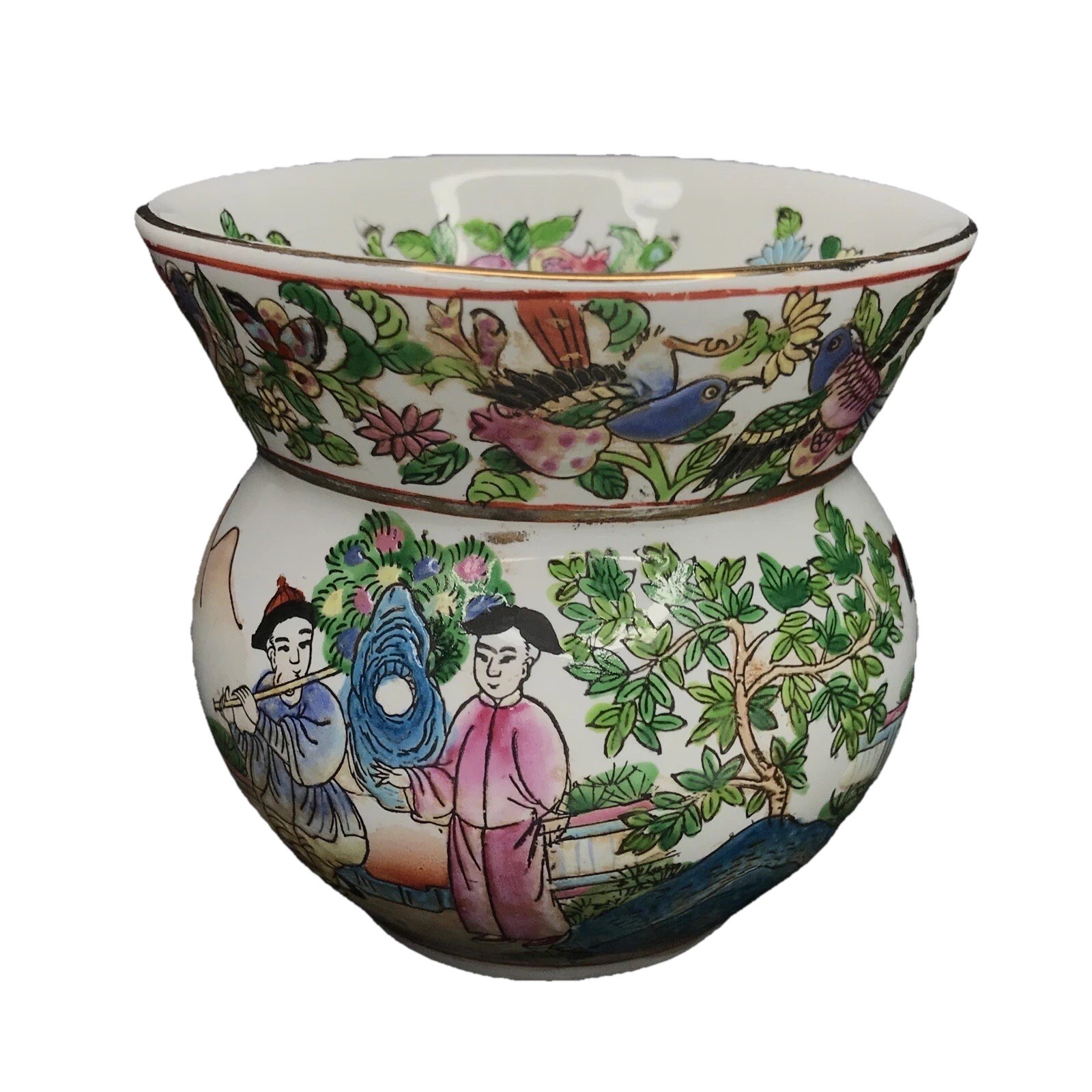 Vintage Chinese Famille Rose Spittoon Porcelain Vase Qianlong Mark Court Scene Vintage Chinese Famille Rose Spittoon Porcelain Vase Qianlong Mark Court Scene