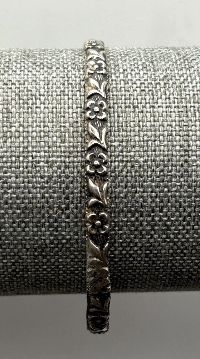 Vintage Repousse Floral Filigree Silver Plated Bangle Bracelet