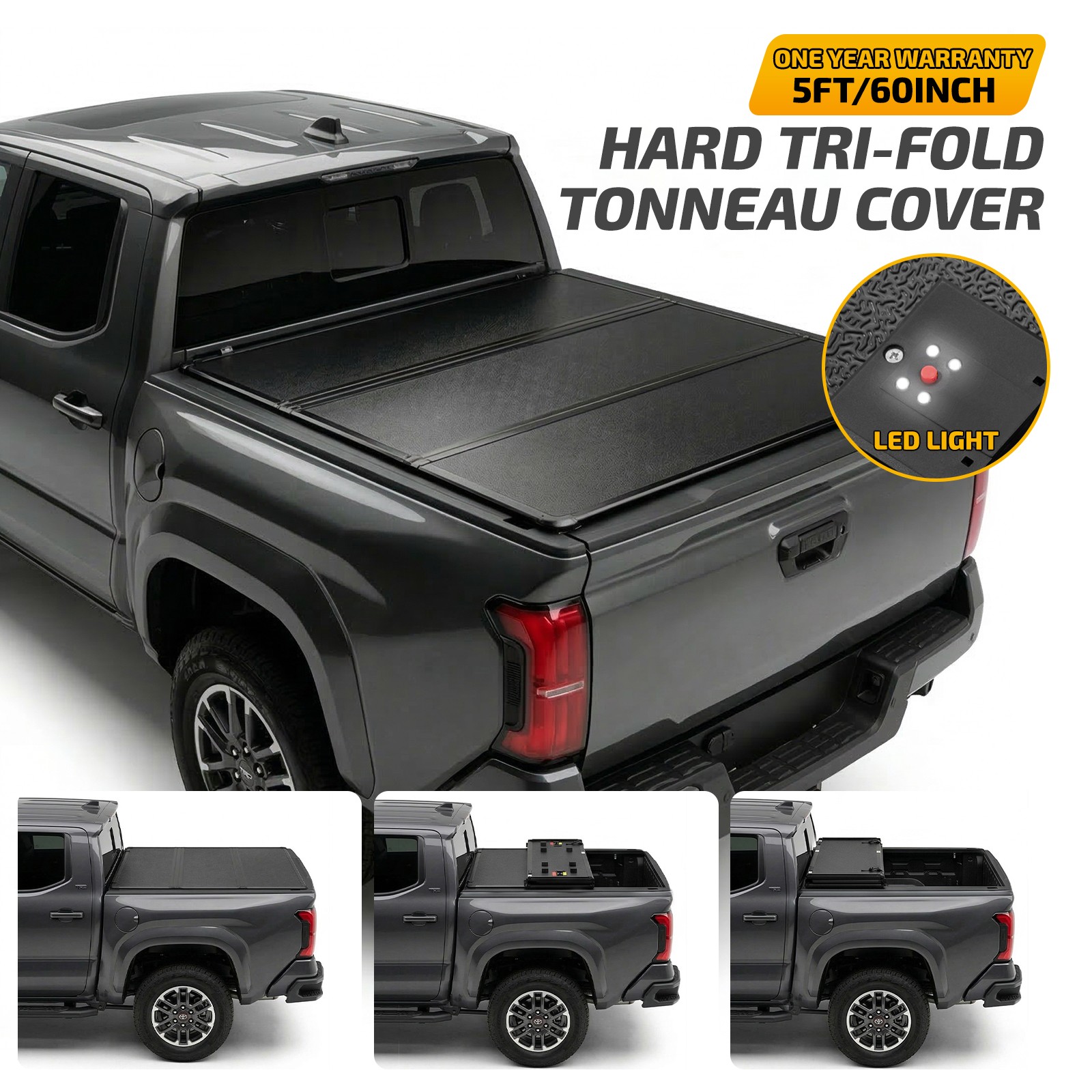 5.0FT Hard Tri Fold Tonneau Cover Fits 2024-2026 Toyota Tacoma Anti Theft