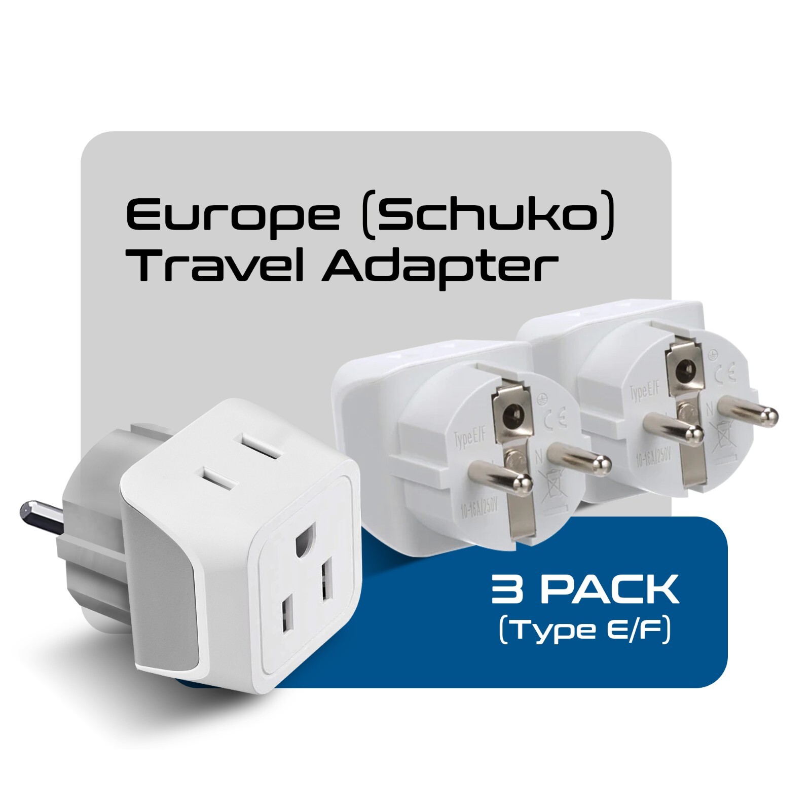 Ceptics USA to Germany, France (Schuko) Travel Adapter - Type E/F (CT-9, 3 PK) Ceptics USA to Germany, France (Schuko) Travel Adapter - Type E/F (CT-9, 3 PK)