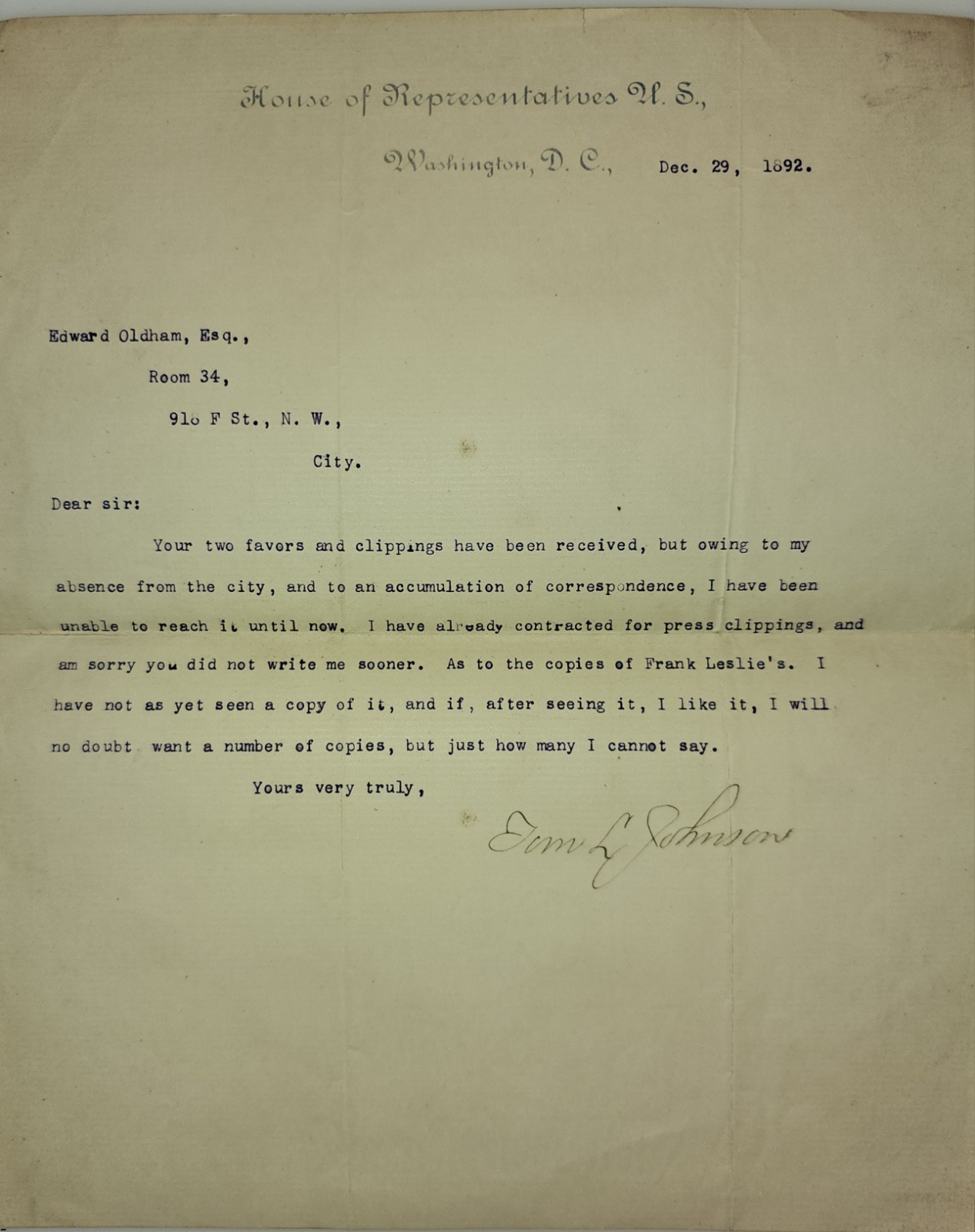 1892 Congressman Tom L. Johnson Signed Letter on U.S. House Letterhead – Future