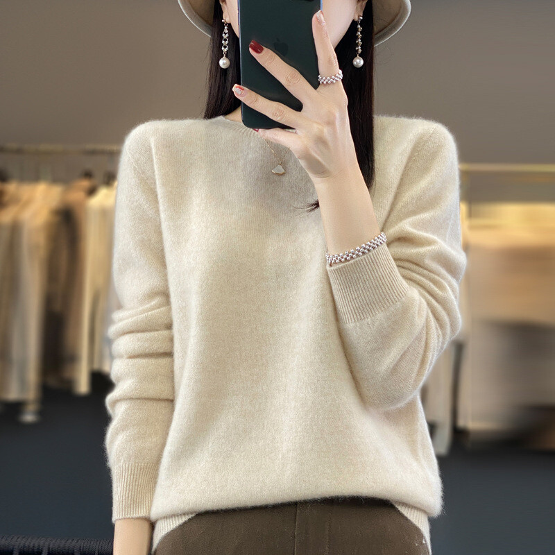 Women 100% Wool Soft Sweater Crew Neck Cashmere Pullover Autumn Winter Casual