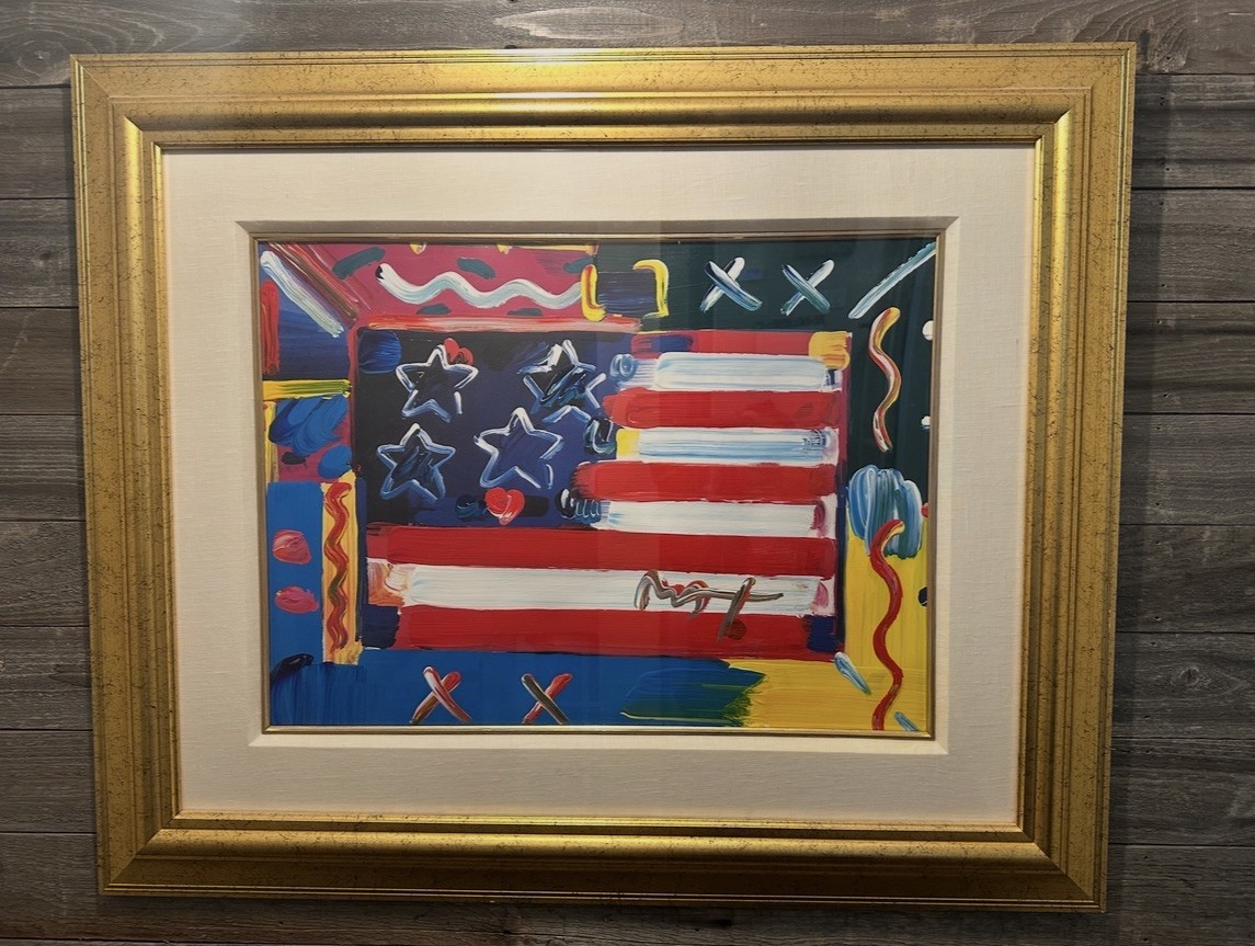 Peter Max 1999 “Flag with Heart ” Mixed Media Artwork original sign w/ COA 30x36