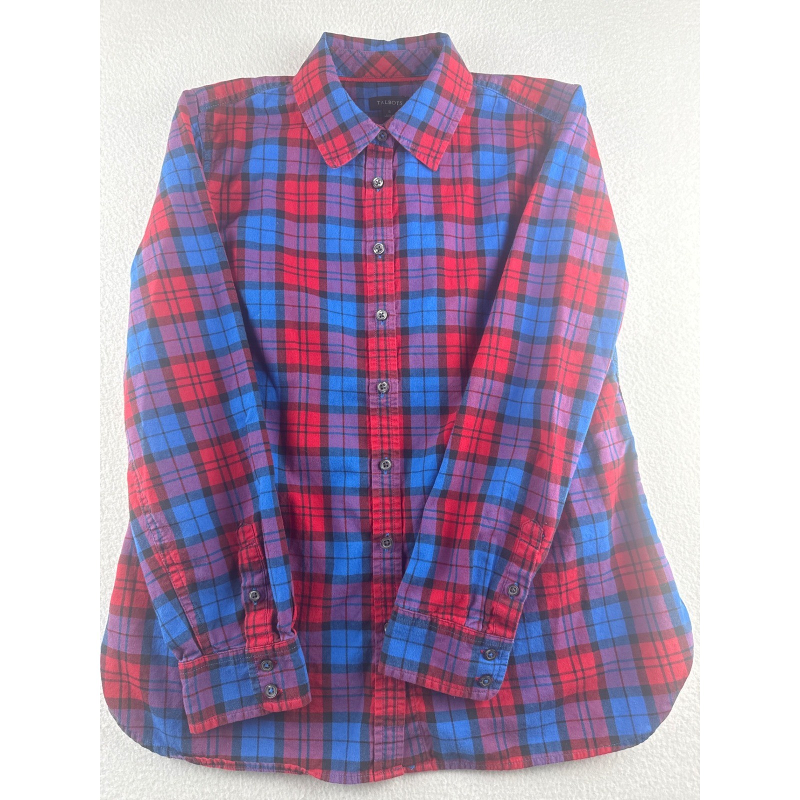 Talbots Womens Small Red Blue Purple Plaid Flannel Button Down 100% Cotton Shirt