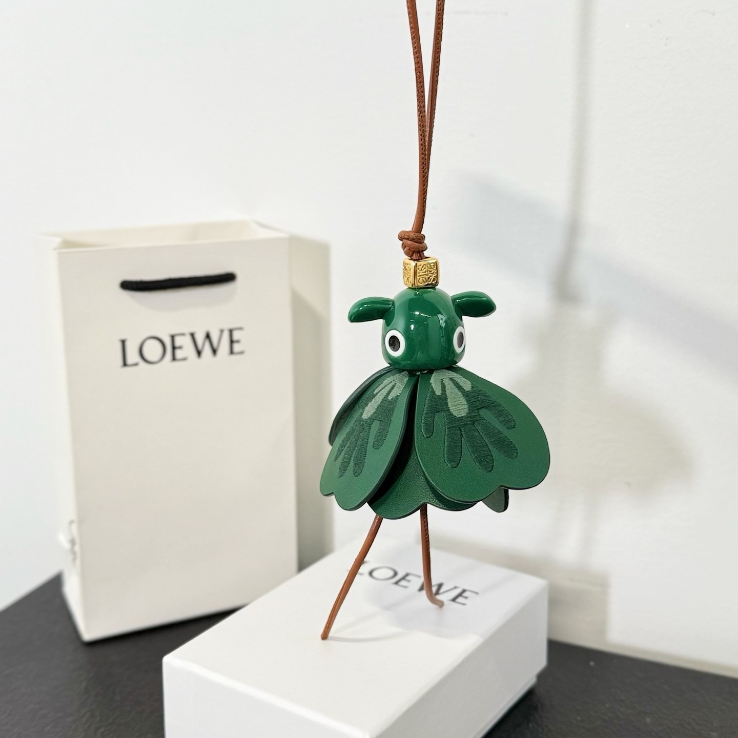 Loewe Puzzle Little Elf Charm Green Leather Bag Pendant Gold Anagram Dice New