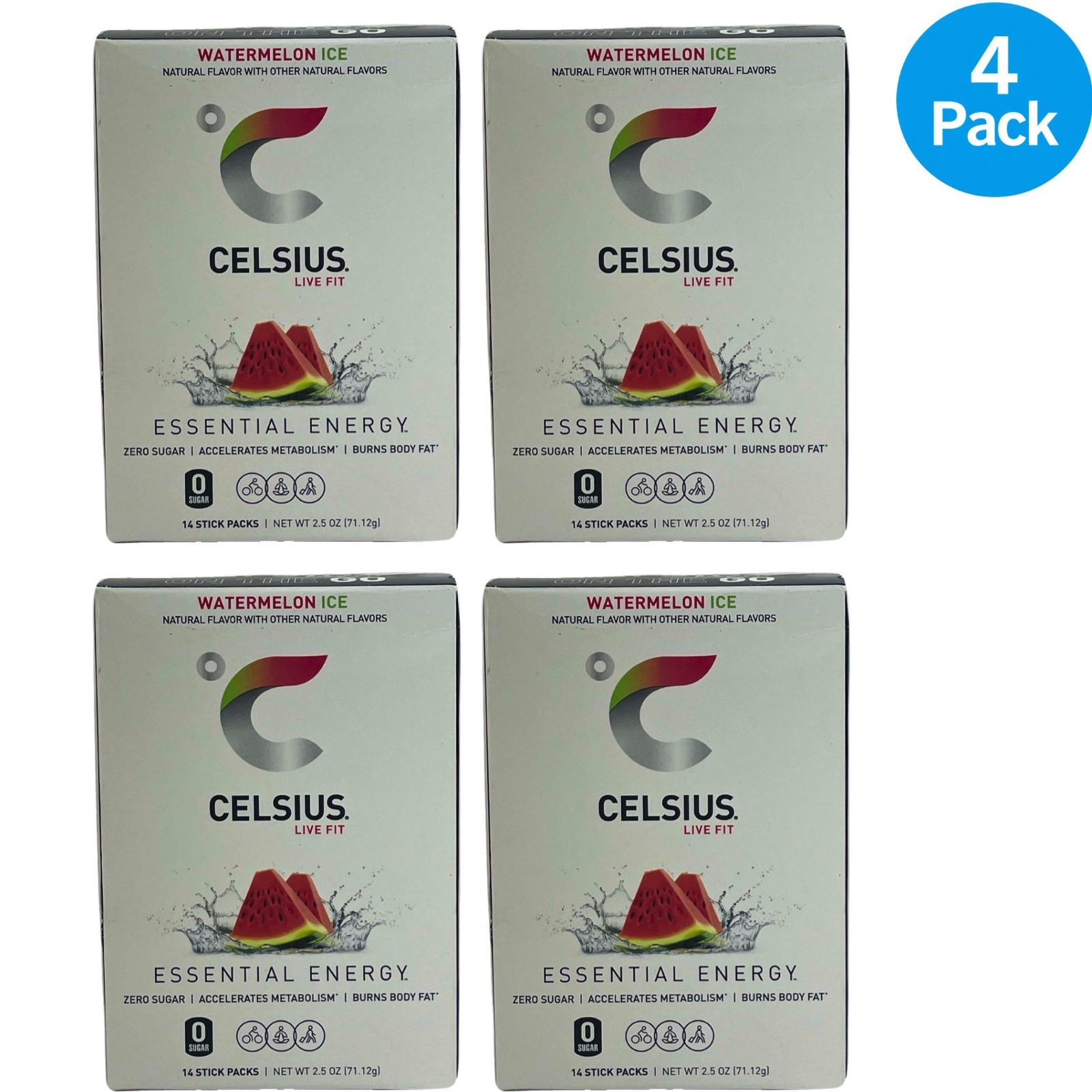 CELSIUS On-the-Go Energy Powder Packets Watermelon Ice 14 CT - 4 Pack Bundle