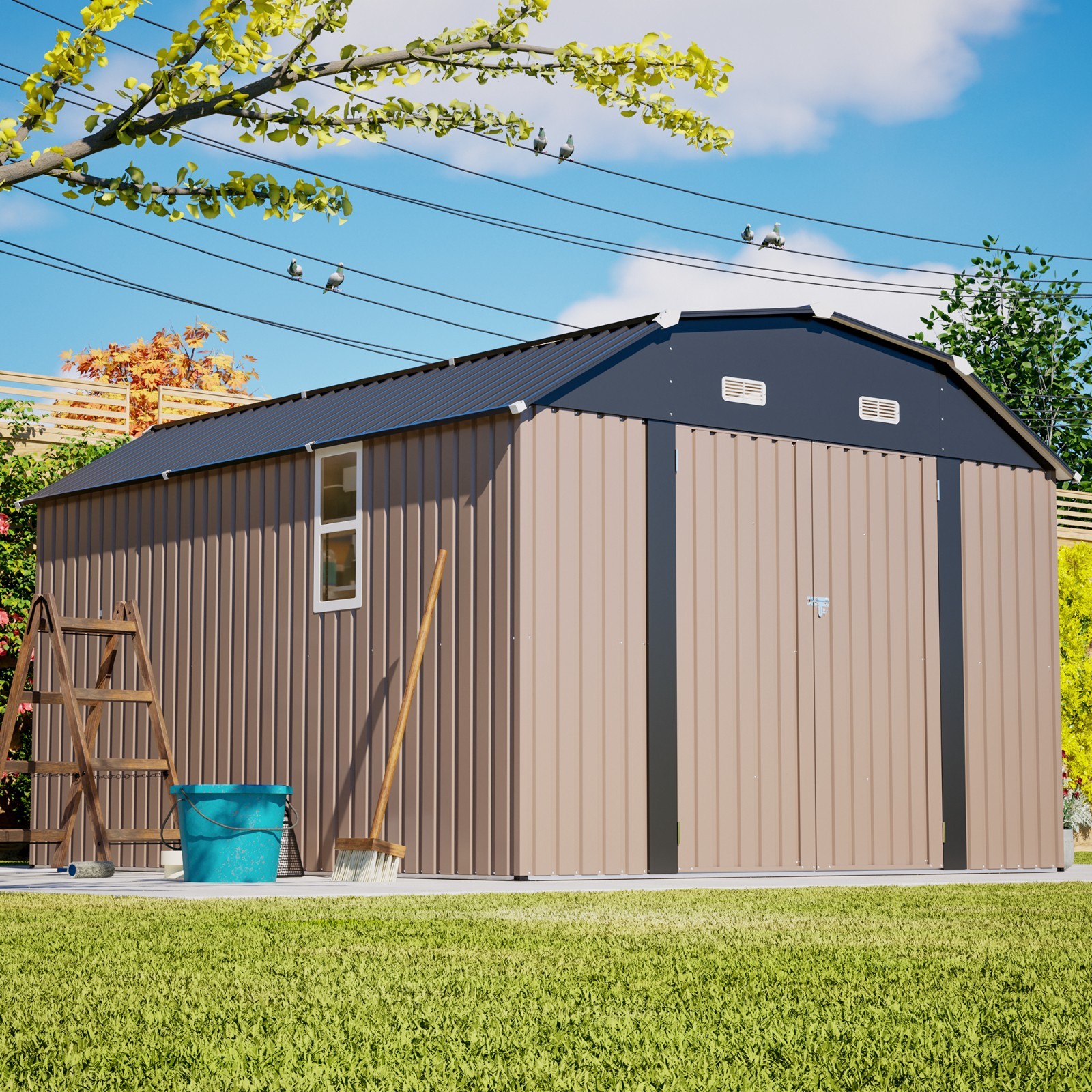 10\' x 12\' Heavy Duty Tool Shed with Floor Frame Kit Outdoor Metal Storage Shed