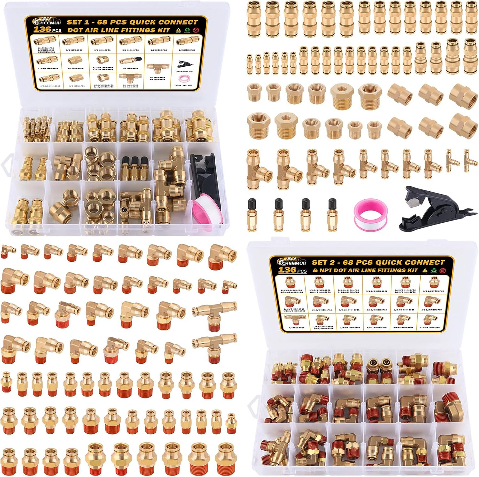 136 PCS Brass DOT Air Line Fittings Kit Push Lock DOT Air Fittings Push to