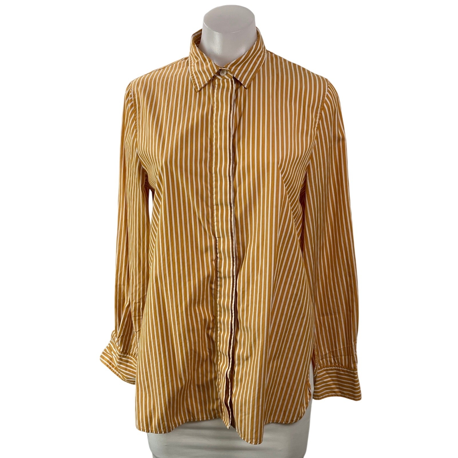 COS Women\'s Mustard Yellow Long Sleeve Striped Button Down Shirt Top Size 8 COS Women\'s Mustard Yellow Long Sleeve Striped Button Down Shirt Top Size 8