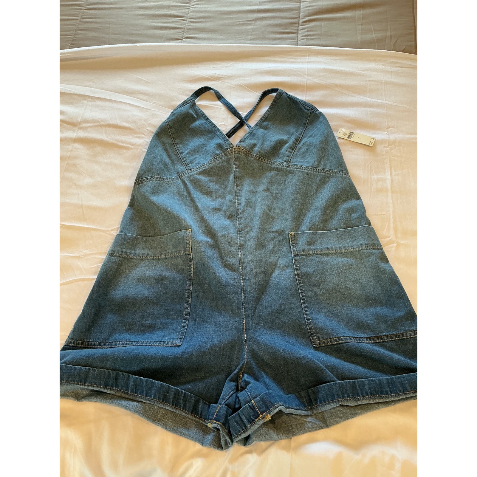 Anthropologie Pilcro Denim Romper Blue V-Neck Tie Back Shorts Overalls Small NEW