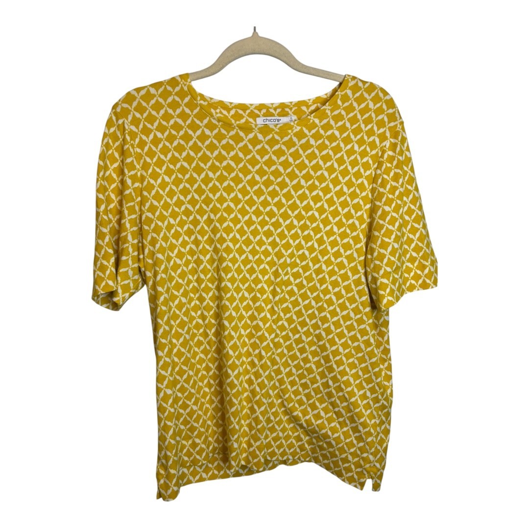 Chico\'s Shirt Women\'s Size Large Ikat Cotton T-Shirt Yellow White Chicos 2 Chico\'s Shirt Women\'s Size Large Ikat Cotton T-Shirt Yellow White Chicos 2
