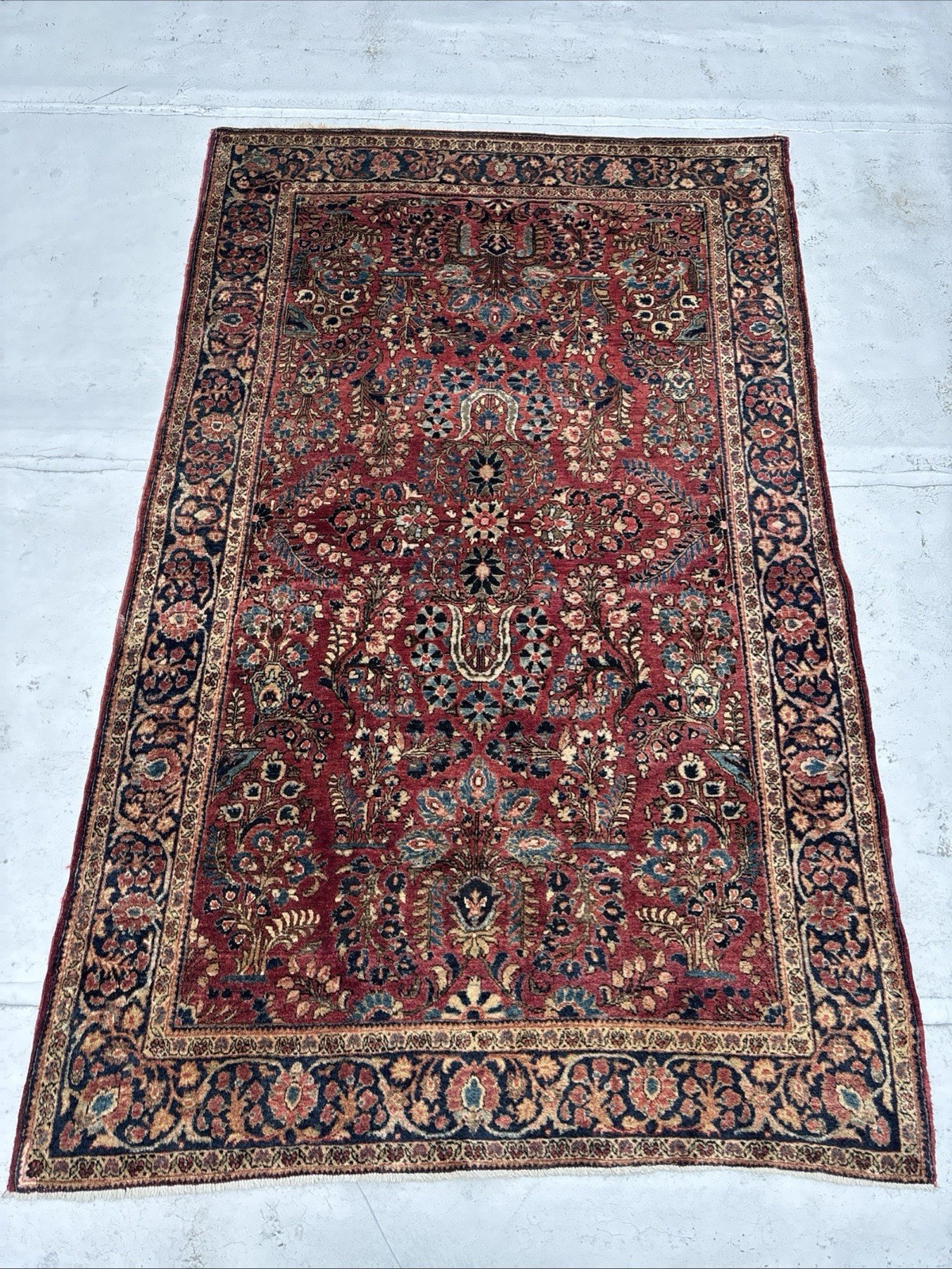 4 X 7 Antique Oriental Rug C. 1925 Deep Rose Field Navy Sky Blue Sand Full Pile