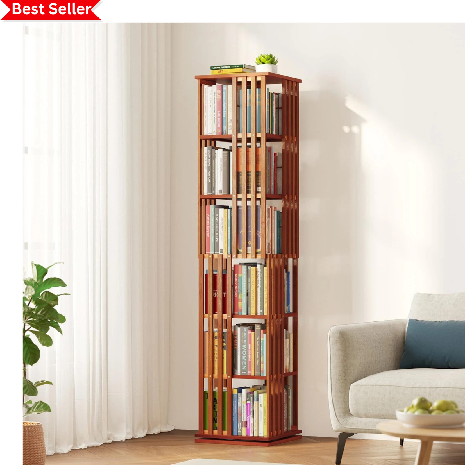6 Tier Rotating Bookshelf 360° Bamboo Tower Bookcase Walnut 67.5\