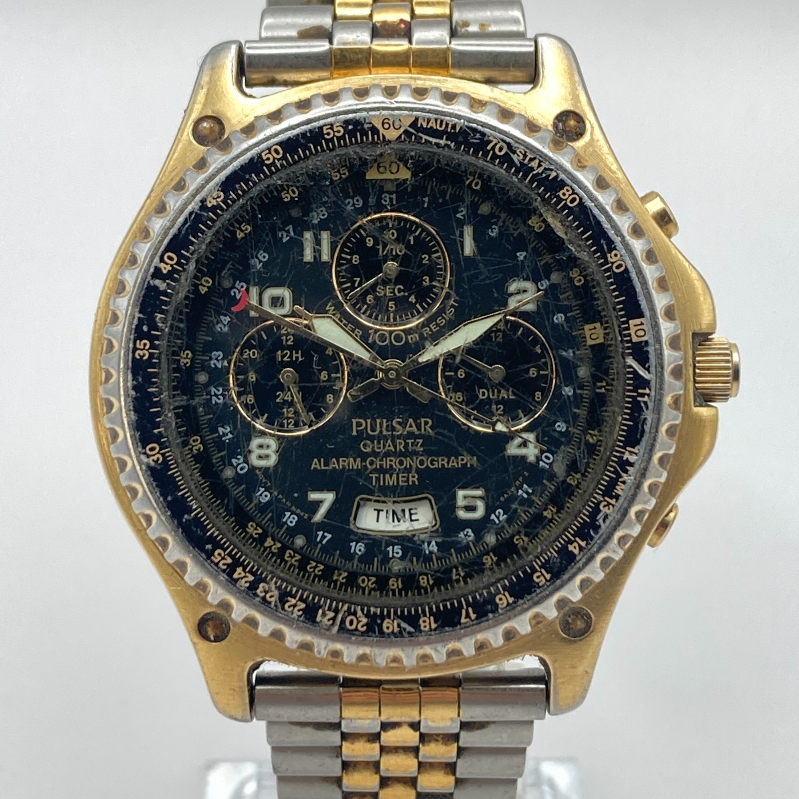 Vtg Pulsar Flightmaster Men\'s Watch 39mm N945-6A20 Alarm Chronograph New Battery