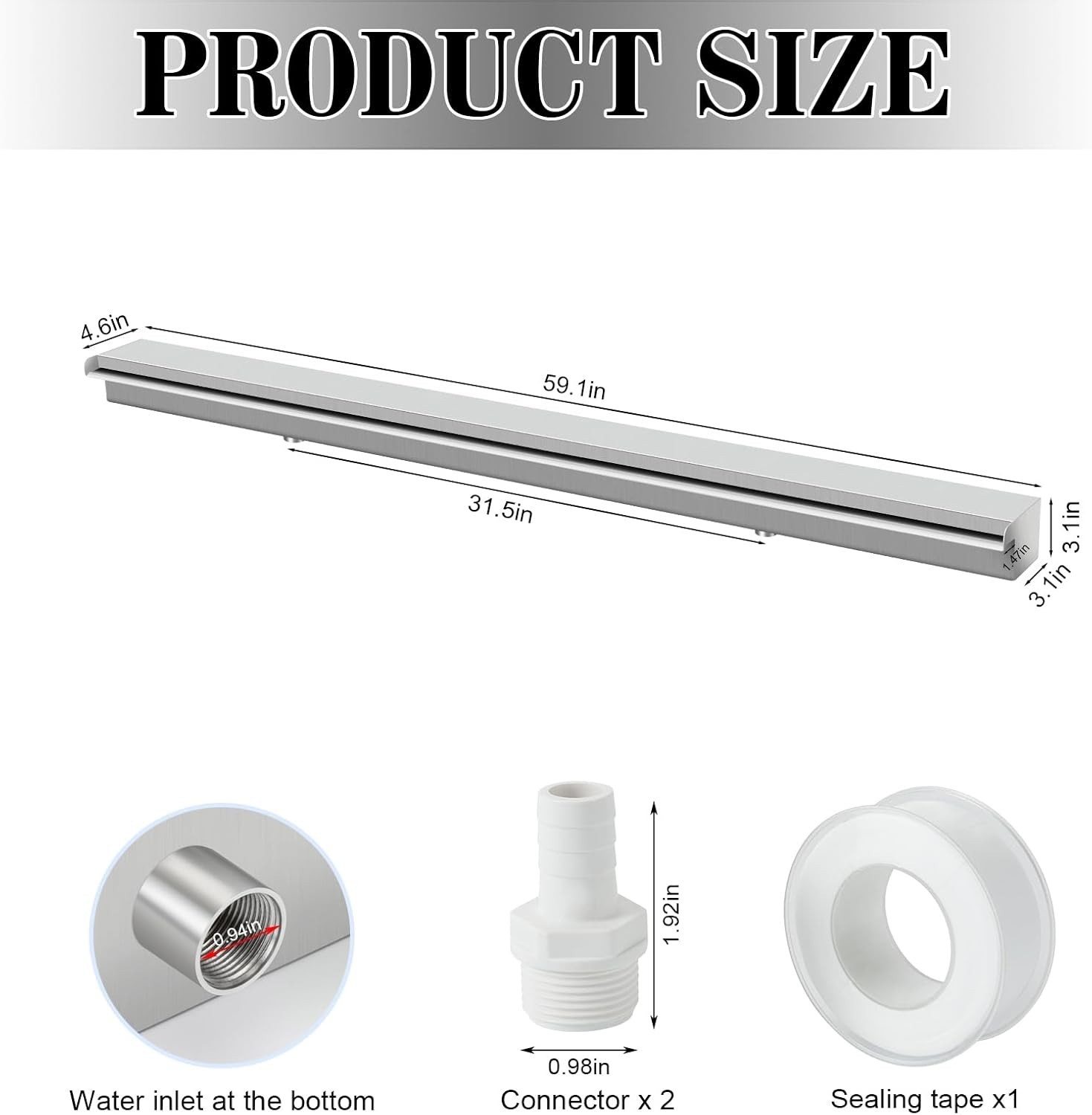 Pool Waterfall Fountains 59.1 Inches, Stainless Steel Rectangular Pool Waterfall