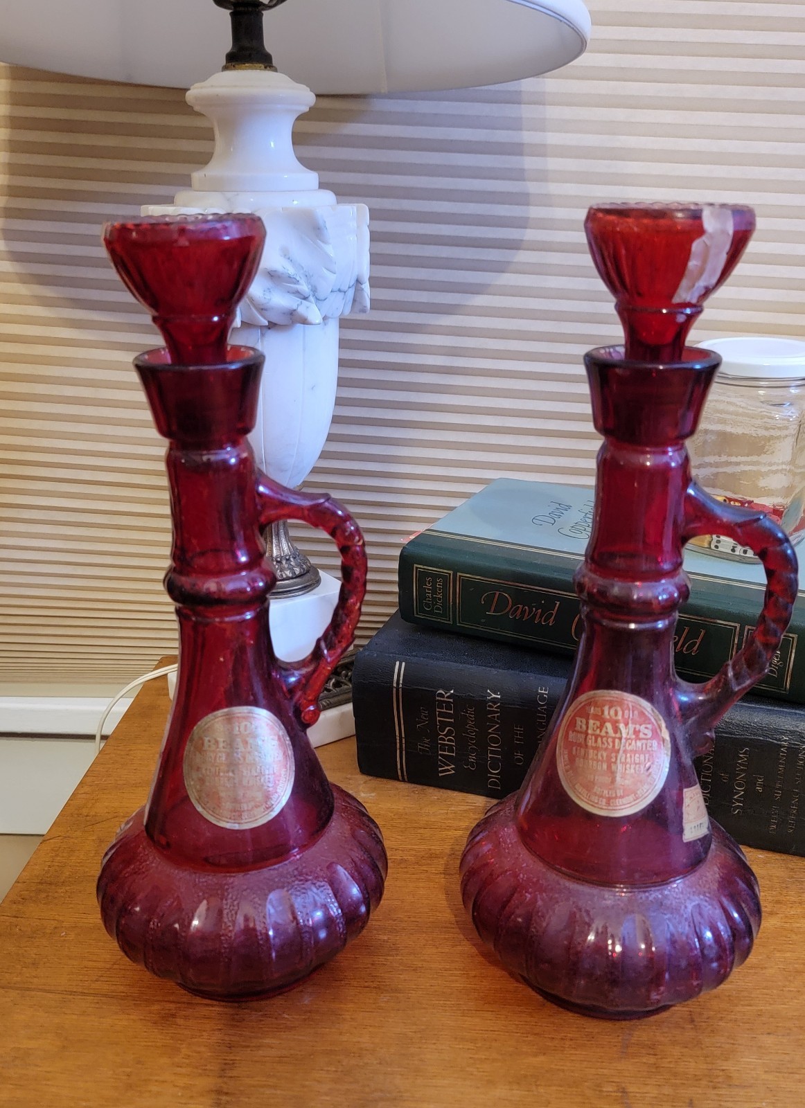 2 Vtg Jim Beam Ruby Red Glass Genie Bottle Decanter 750ml 1970's Twisted Handle