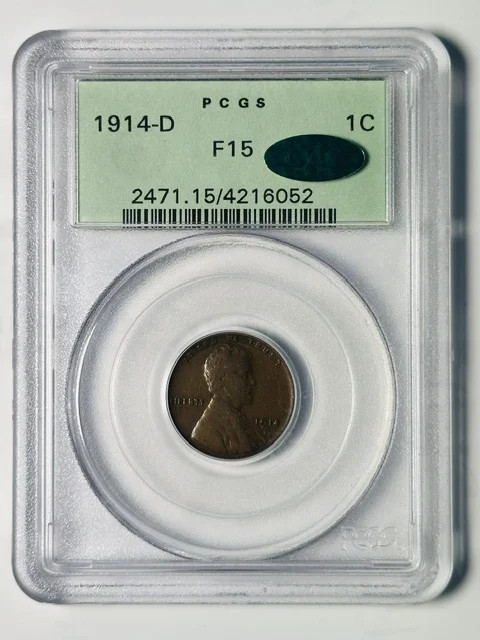 1914 D Small Cent Lincoln Penny PCGS F-15 BN CAC Old Green Holder Low CAC POP
