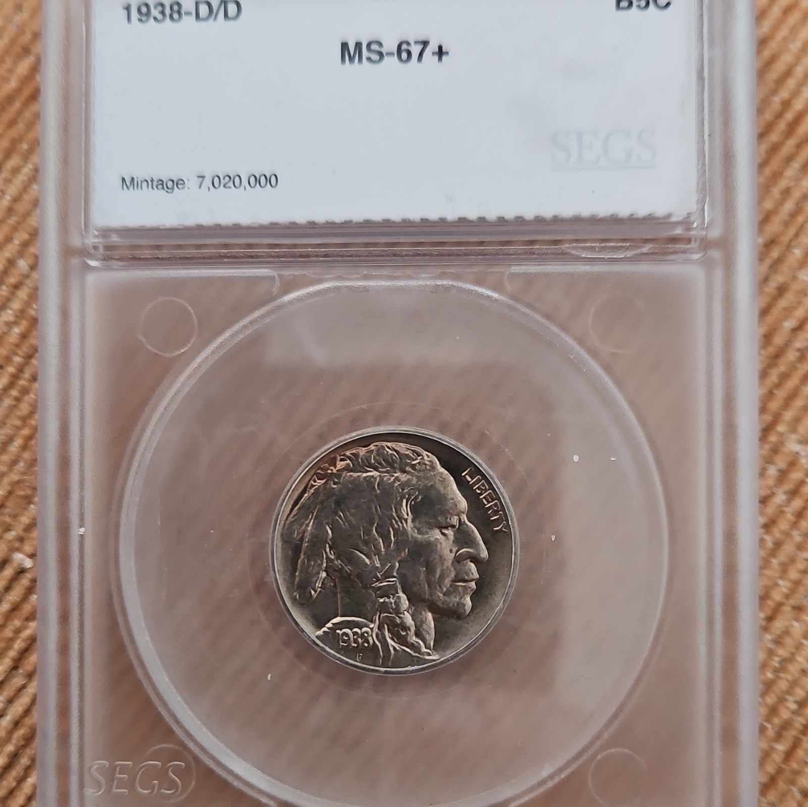 1938-D D/D Buffalo Nickel 5C SEGS MS-67+ Copper-Nickel KM#134 1938-D D/D Buffalo Nickel 5C SEGS MS-67+ Copper-Nickel KM#134