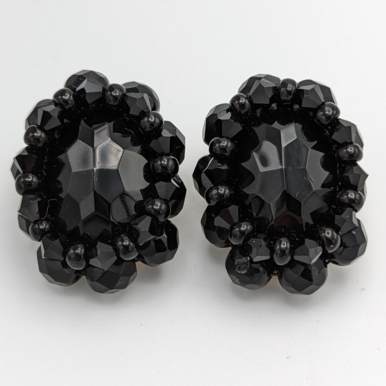 Fazio Black Glass Rhinestone Bead Clip On Earrings 1990s Oval Gold Plated