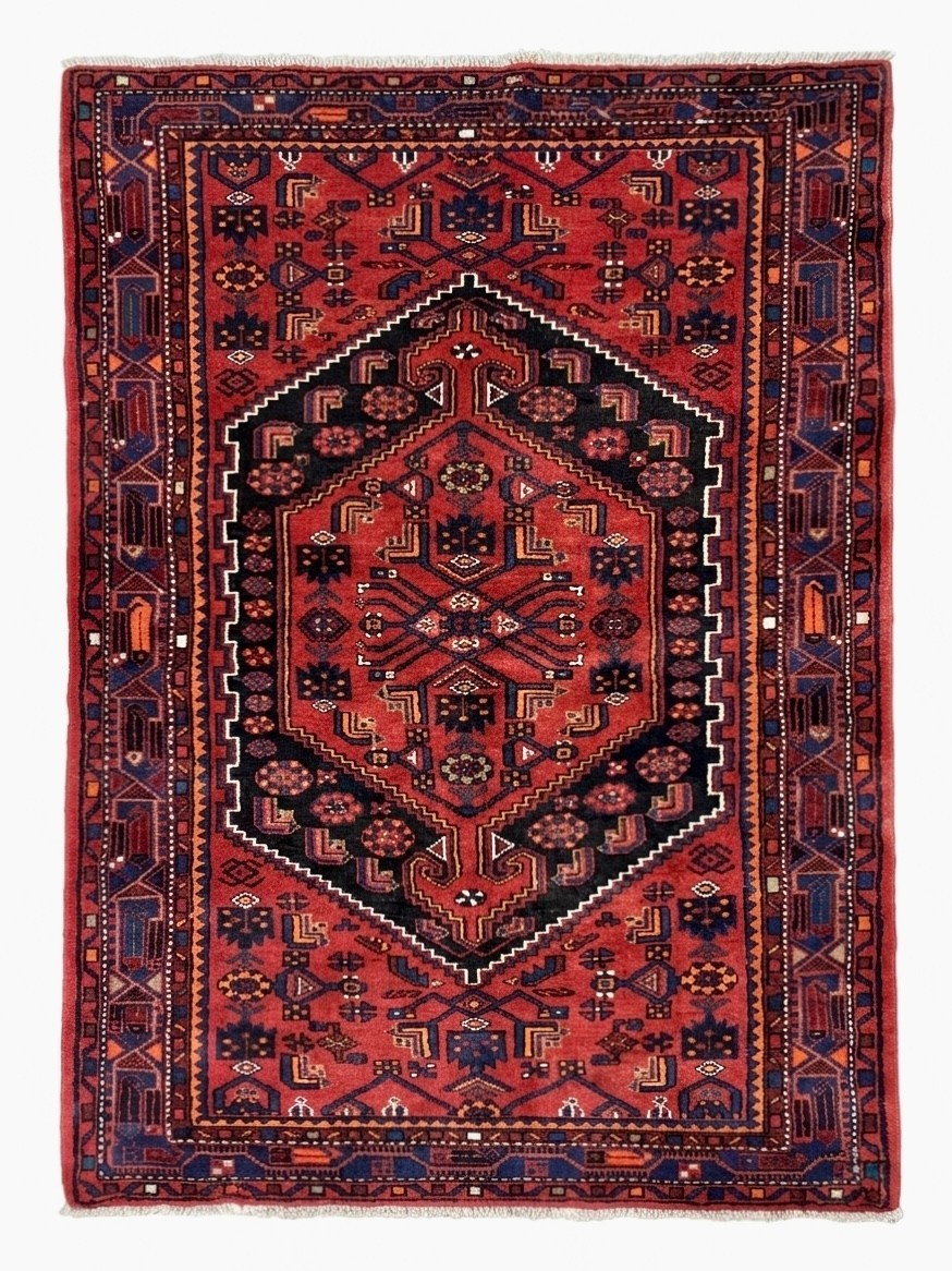 Vintage Zanjan 5x7 Tribal Geometric Hand Knotted Wool Oriental Rug Black Red