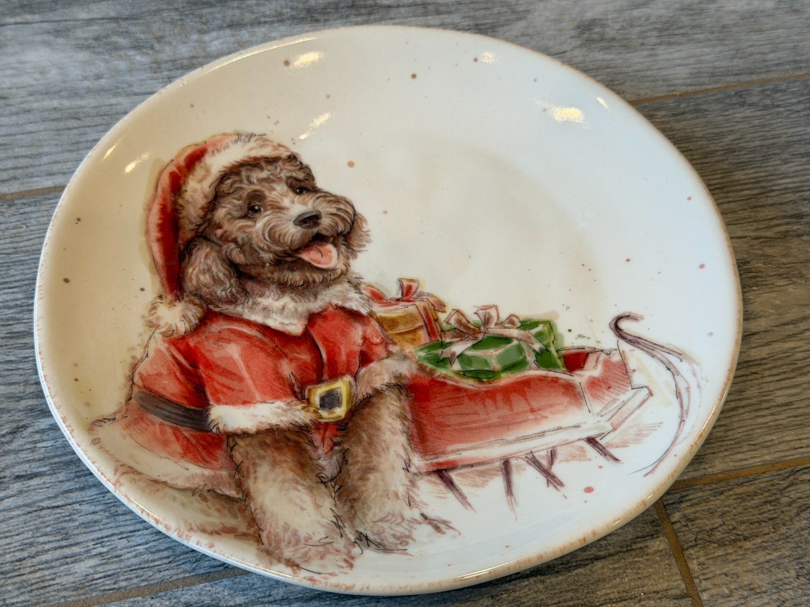 Southern Living Starter Plate Christmas Claus Poodle Stoneware 8.5\
