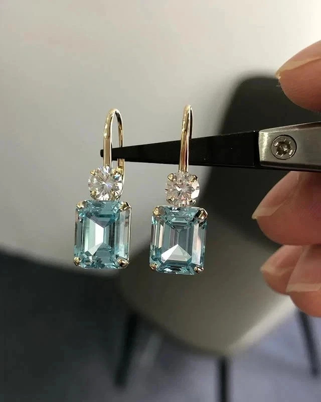 Natural Aquamarine Earring Stud 14K Solid Real Yellow Gold 5.00 Ct Emerald Cut