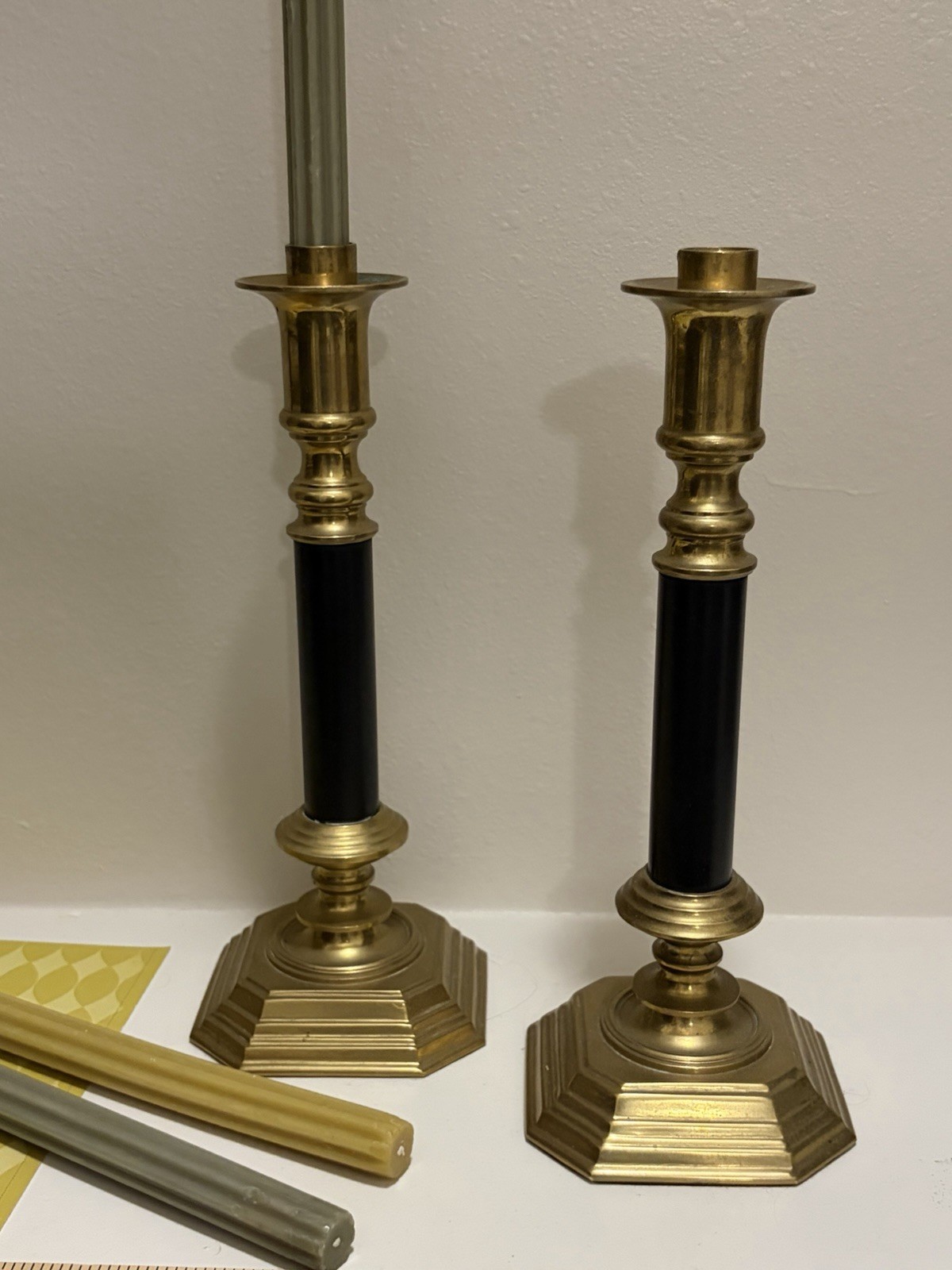 Vintage Authentic Frederick Cooper Brass & Black Enamel Pair Candlesticks 13” 