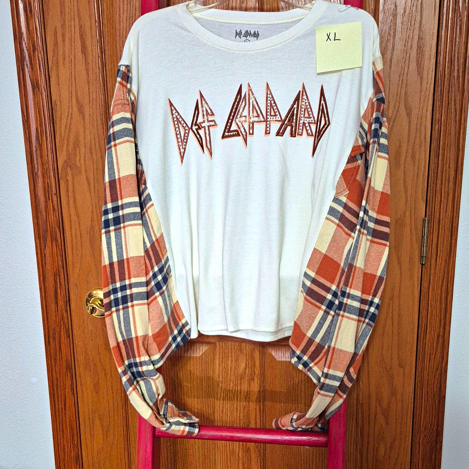 Def Leppard  XL . Upcycled tshirt with flannel sleeves.