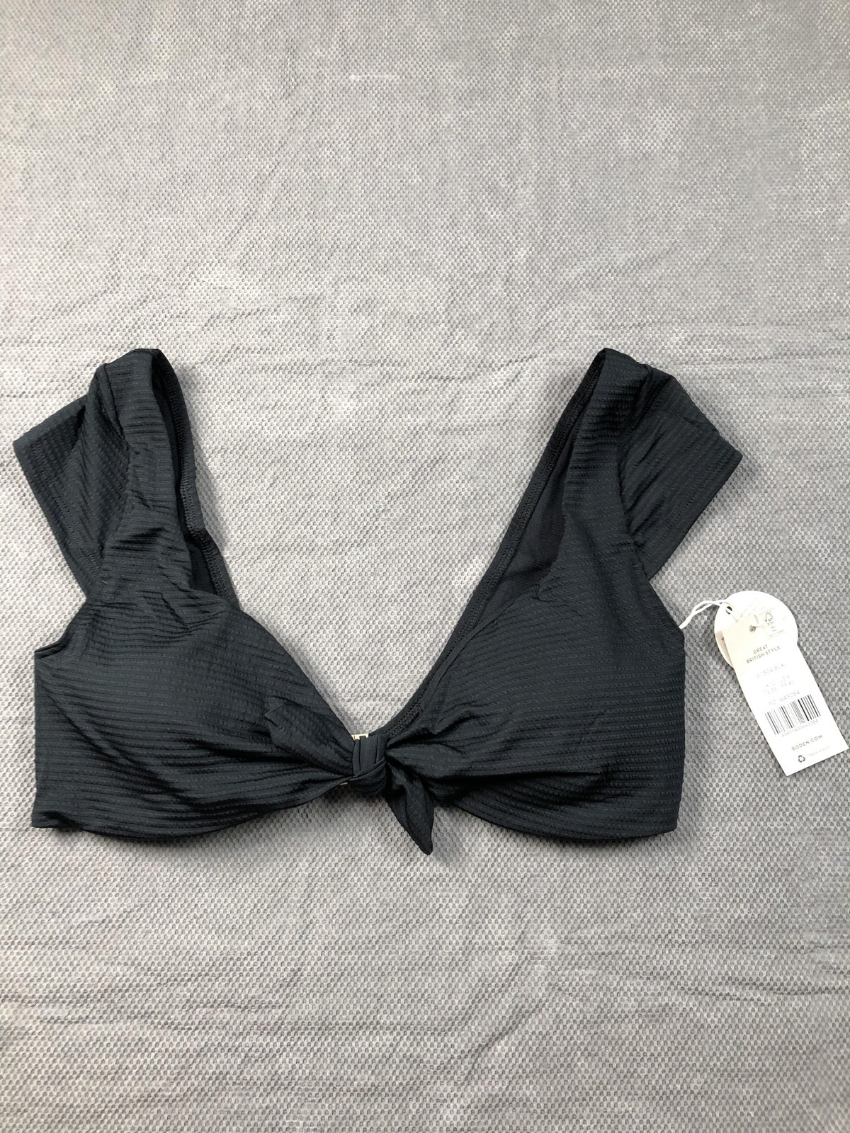 Boden Bikini Top Swimsuit Womens 8 Black Textured Bow Wide Strap Lined Stretch