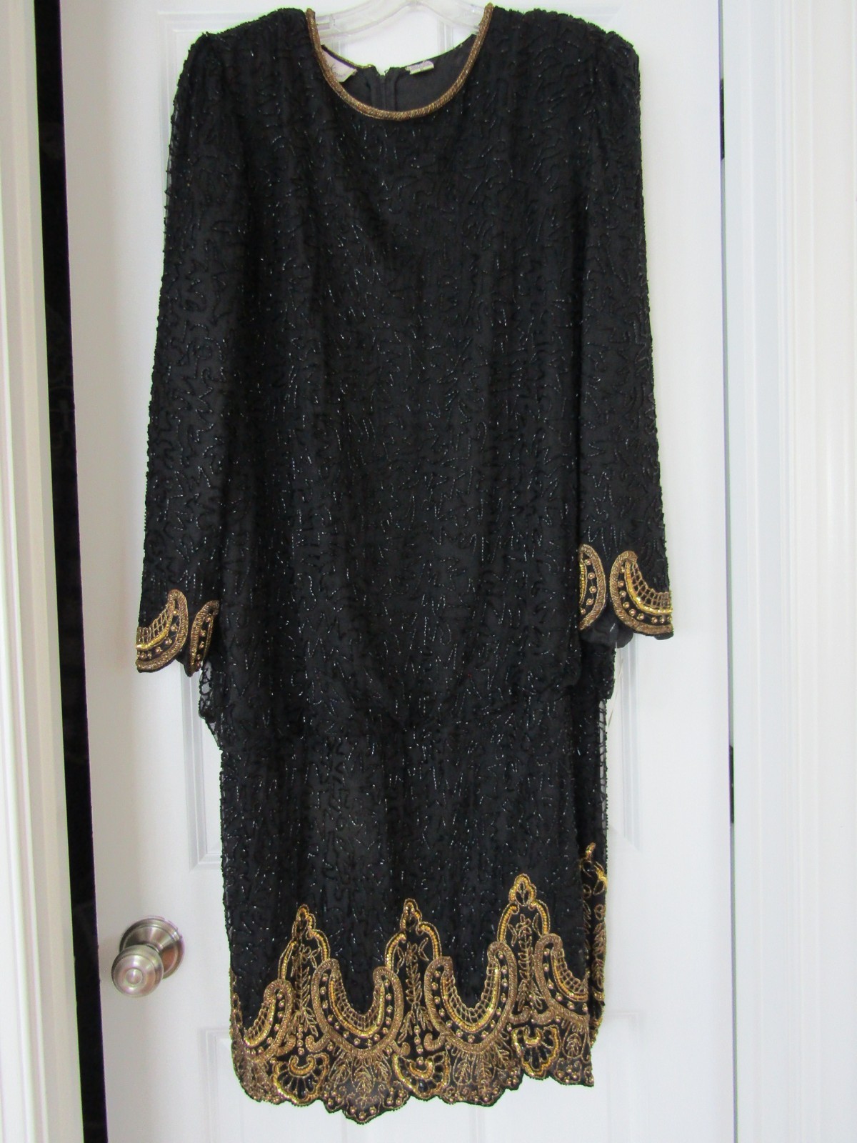 Size XL-NWT * VTG Laurence Kazar New York Black & Gold Silk Beaded Evening Dress