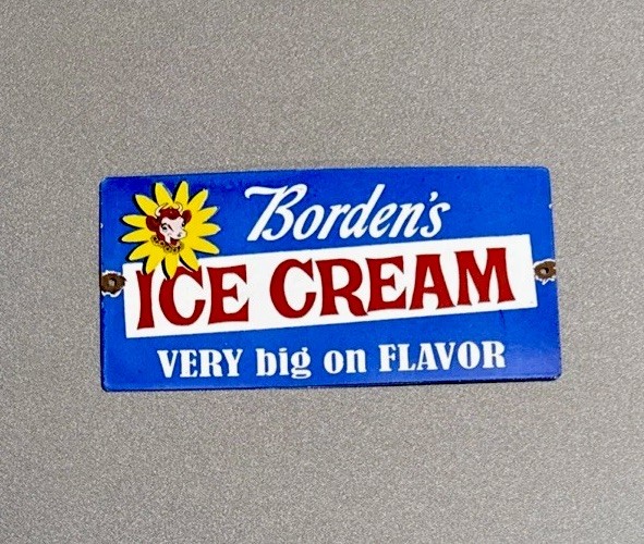 VINTAGE 12” BORDENS ICE CREAM DAIRY PORCELAIN SIGN CAR GAS OIL TRUCK MOTORCYCLE