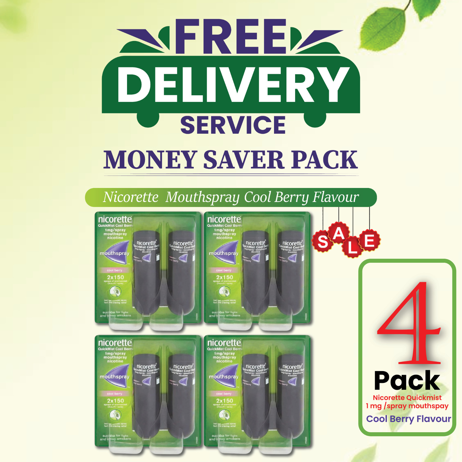 4 X Nicorette Mouthspray Quickmist Berry 1mg 13.2ml X 2ct-PACK 4- 4 X Nicorette Mouthspray Quickmist Berry 1mg 13.2ml X 2ct-PACK 4-