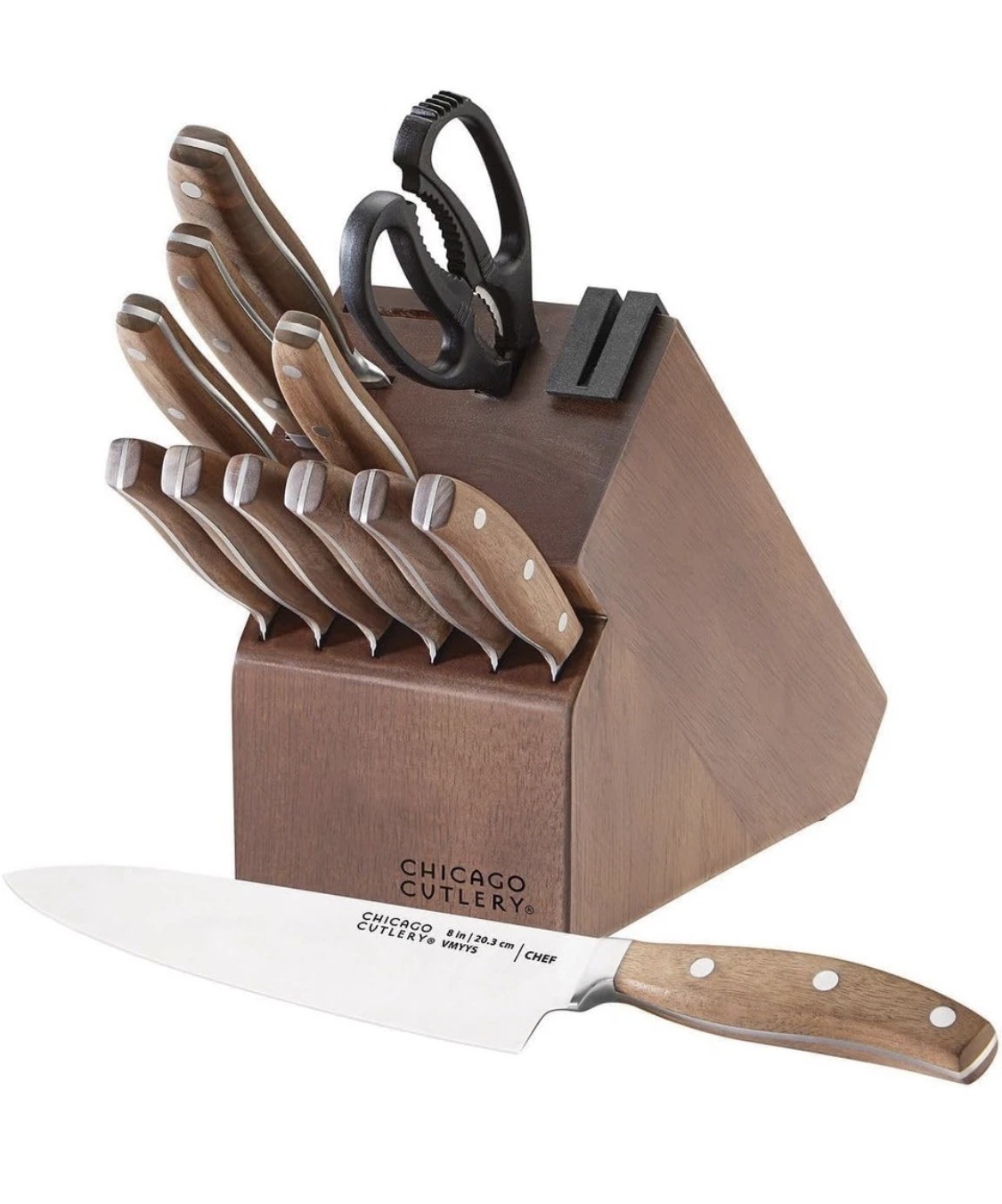 NEW Chicago Cutlery Triple Rivet 13-Piece Knife Block Set Walnut with Sharpener
