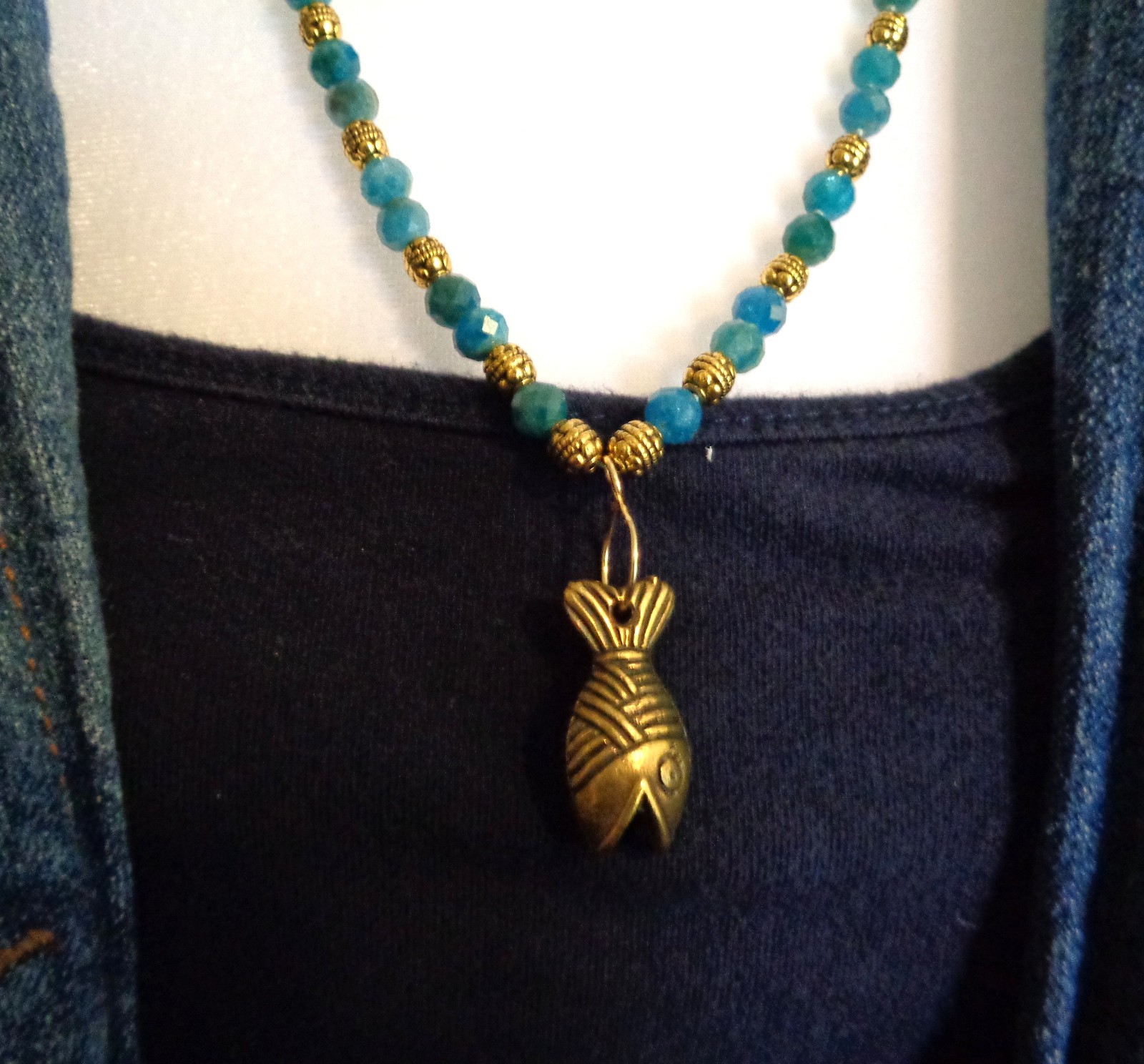 Artisan crafted, beautiful, 24” hand knotted apatite and gold plated bead strand